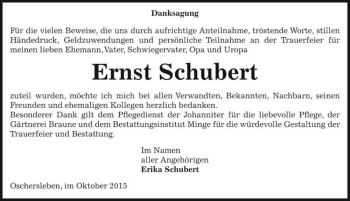 Traueranzeige von Ernst Schubert  von Magdeburger Volksstimme