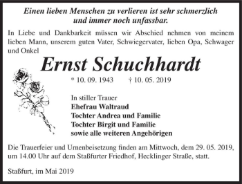 Traueranzeige von Ernst Schuchhardt  von Magdeburger Volksstimme