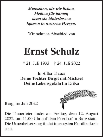 Traueranzeige von Ernst Schulz  von Magdeburger Volksstimme