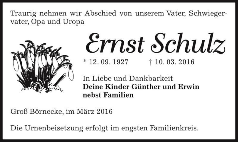  Traueranzeige für Ernst Schulz  vom 15.03.2016 aus Magdeburger Volksstimme