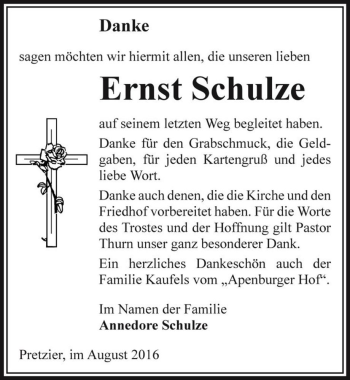 Traueranzeige von Ernst Schulze  von Magdeburger Volksstimme