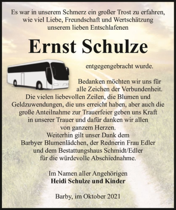 Traueranzeige von Ernst Schulze  von Magdeburger Volksstimme