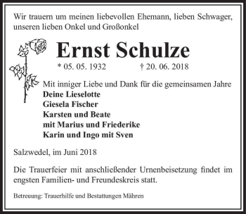 Traueranzeige von Ernst Schulze  von Magdeburger Volksstimme