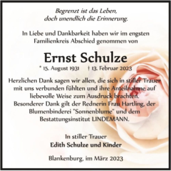 Traueranzeige von Ernst Schulze  von Magdeburger Volksstimme