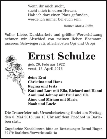 Traueranzeige von Ernst Schulze  von Magdeburger Volksstimme