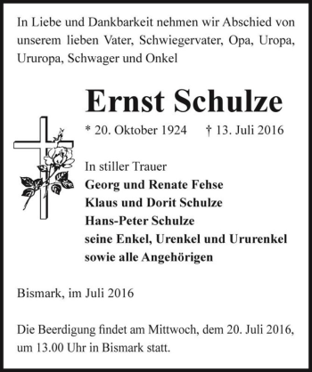 Traueranzeige von Ernst Schulze  von Magdeburger Volksstimme