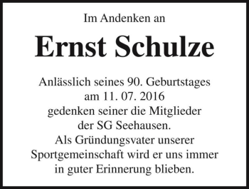 Traueranzeige von Ernst Schulze  von Magdeburger Volksstimme