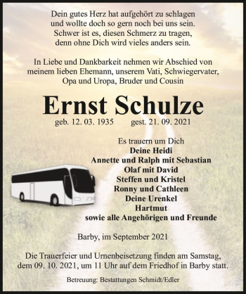Traueranzeige von Ernst Schulze  von Magdeburger Volksstimme