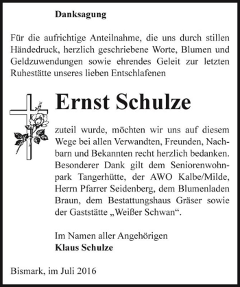 Traueranzeige von Ernst Schulze  von Magdeburger Volksstimme
