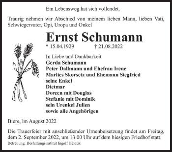 Traueranzeige von Ernst Schumann  von Magdeburger Volksstimme