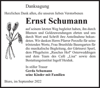 Traueranzeige von Ernst Schumann  von Magdeburger Volksstimme