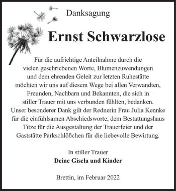 Traueranzeige von Ernst Schwarzlose  von Magdeburger Volksstimme