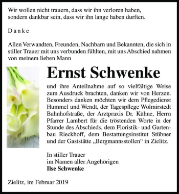 Traueranzeige von Ernst Schwenke  von Magdeburger Volksstimme