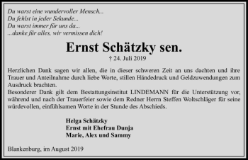 Traueranzeige von Ernst Schätzky sen.  von Magdeburger Volksstimme