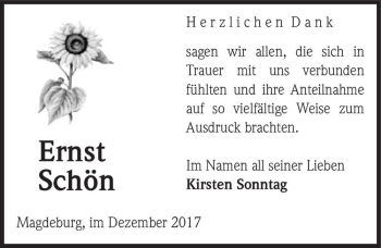 Traueranzeige von Ernst Schön  von Magdeburger Volksstimme