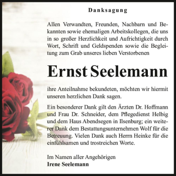 Traueranzeige von Ernst Seelemann  von Magdeburger Volksstimme