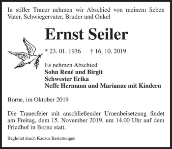 Traueranzeige von Ernst Seiler  von Magdeburger Volksstimme