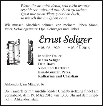 Traueranzeige von Ernst Seliger  von Magdeburger Volksstimme