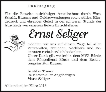Traueranzeige von Ernst Seliger  von Magdeburger Volksstimme