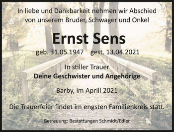 Traueranzeige von Ernst Sens  von Magdeburger Volksstimme