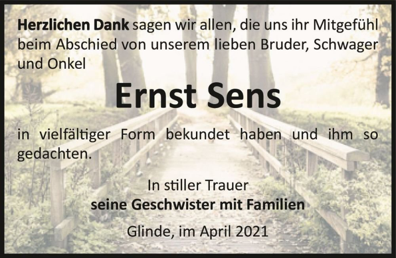  Traueranzeige für Ernst Sens  vom 08.05.2021 aus Magdeburger Volksstimme