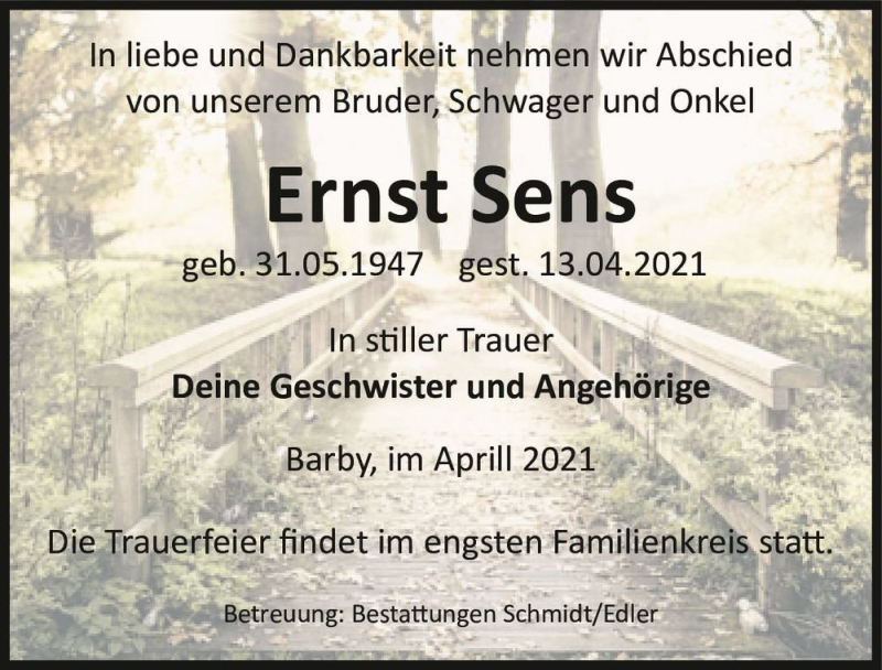  Traueranzeige für Ernst Sens  vom 17.04.2021 aus Magdeburger Volksstimme