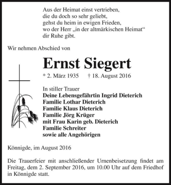 Traueranzeige von Ernst Siegert  von Magdeburger Volksstimme
