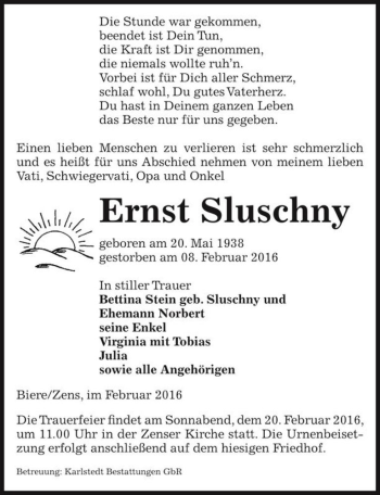 Traueranzeige von Ernst Sluschny  von Magdeburger Volksstimme