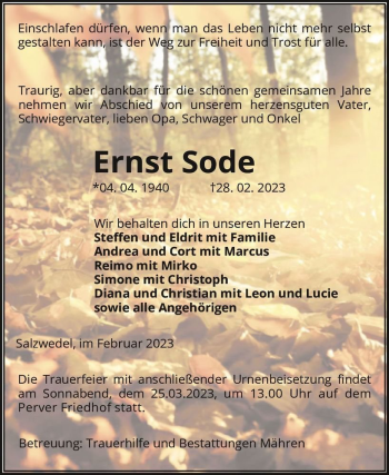 Traueranzeige von Ernst Sode  von Magdeburger Volksstimme