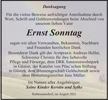 Traueranzeige von Ernst Sonntag  von Magdeburger Volksstimme