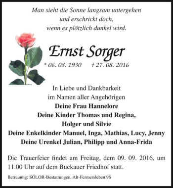 Traueranzeige von Ernst Sorger  von Magdeburger Volksstimme