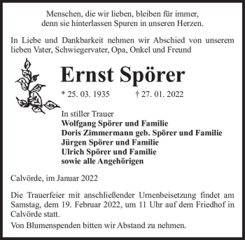 Traueranzeige von Ernst Spörer  von Magdeburger Volksstimme