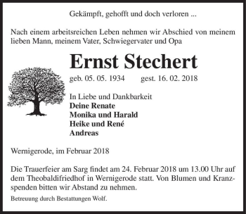 Traueranzeige von Ernst Stechert  von Magdeburger Volksstimme