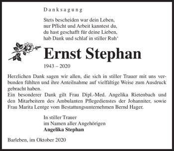 Traueranzeige von Ernst Stephan  von Magdeburger Volksstimme