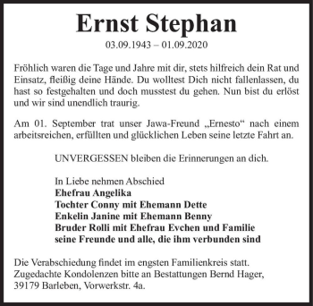 Traueranzeige von Ernst Stephan  von Magdeburger Volksstimme