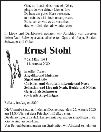 Traueranzeige von Ernst Stohl  von Magdeburger Volksstimme