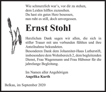 Traueranzeige von Ernst Stohl  von Magdeburger Volksstimme