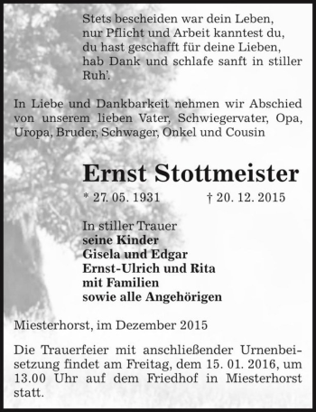 Traueranzeige von Ernst Stottmeister  von Magdeburger Volksstimme