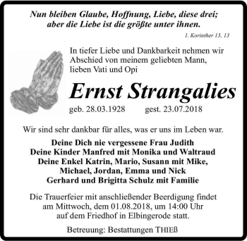 Traueranzeige von Ernst Strangalies  von Magdeburger Volksstimme