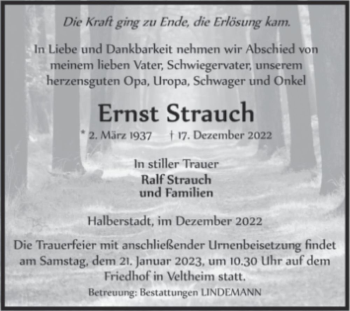 Traueranzeige von Ernst Strauch  von Magdeburger Volksstimme