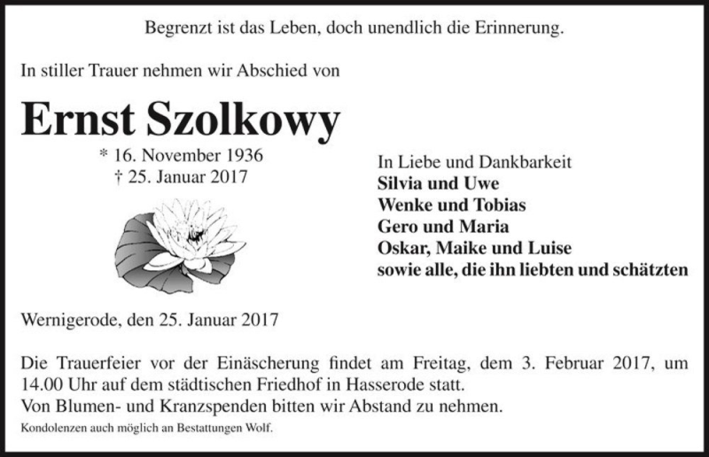  Traueranzeige für Ernst Szolkowy  vom 28.01.2017 aus Magdeburger Volksstimme