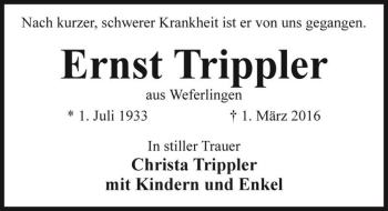 Traueranzeige von Ernst Trippler  von Magdeburger Volksstimme