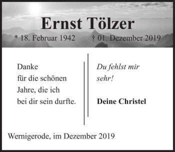 Traueranzeige von Ernst Tölzer  von Magdeburger Volksstimme
