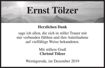 Traueranzeige von Ernst Tölzer  von Magdeburger Volksstimme