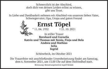 Traueranzeige von Ernst Töpel  von Magdeburger Volksstimme
