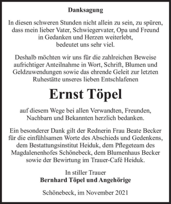 Traueranzeige von Ernst Töpel  von Magdeburger Volksstimme