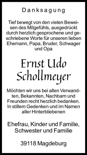 Traueranzeige von Ernst Udo Schollmeyer  von Magdeburger Volksstimme
