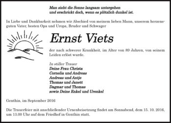 Traueranzeige von Ernst Viets  von Magdeburger Volksstimme