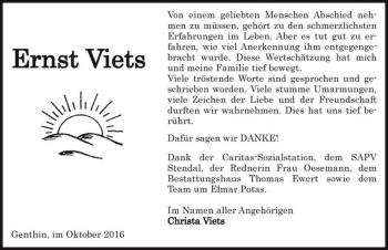 Traueranzeige von Ernst Viets  von Magdeburger Volksstimme