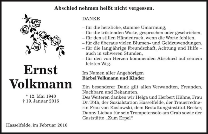  Traueranzeige für Ernst Volkmann  vom 06.02.2016 aus Magdeburger Volksstimme